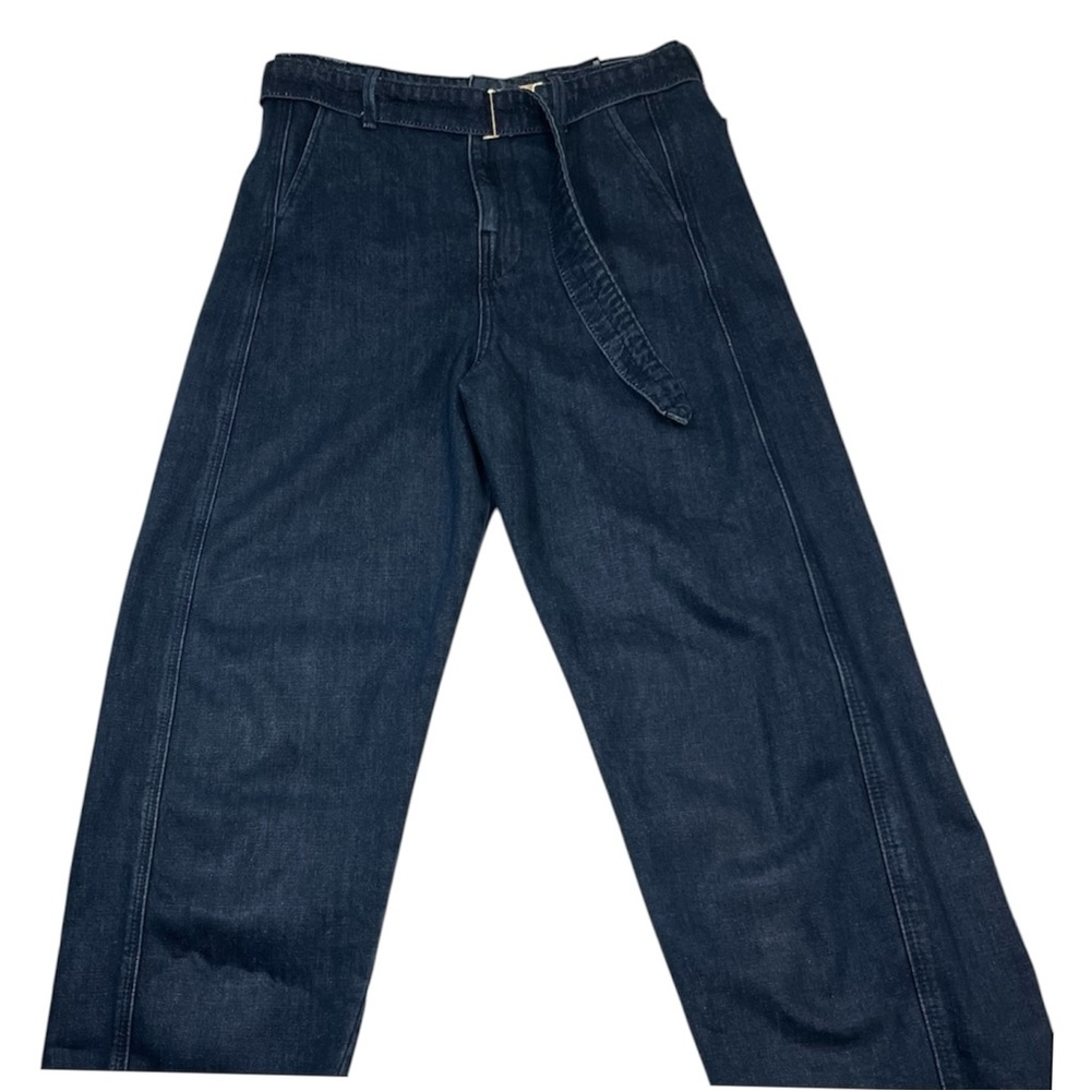 Zara Dark Wash Belted Trouser Jeans Size 6 High Waisted Denim Pants Chic Modern